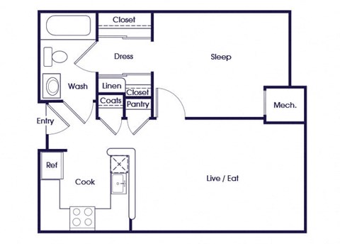 Floor plan for 1 bed, 1 bath, 588 sqft